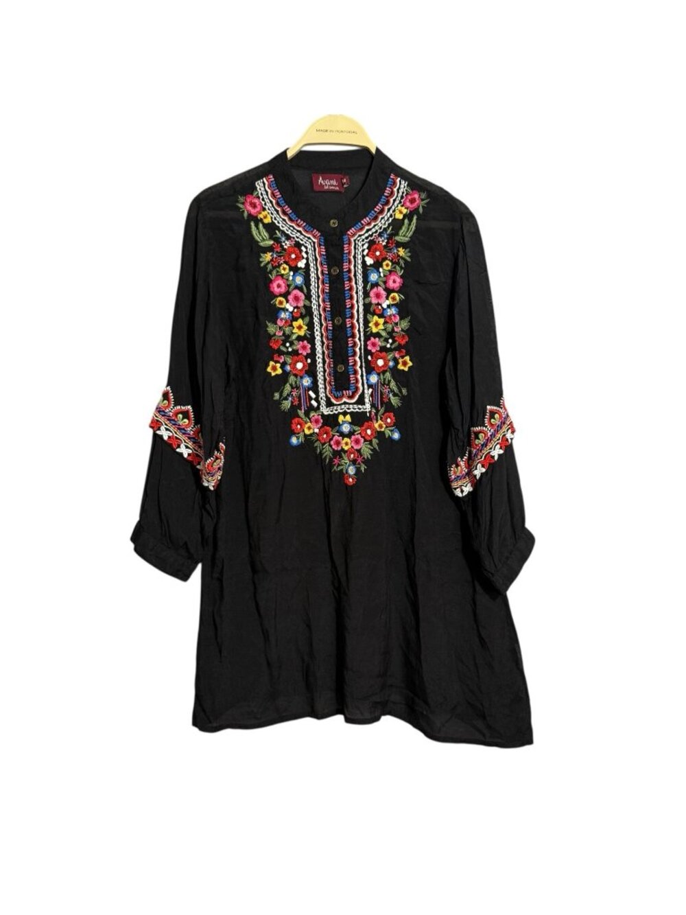 Avani Blouse Tunic Top Women Size M Hippie Boho Retro Embroidered Flower Gypsy
